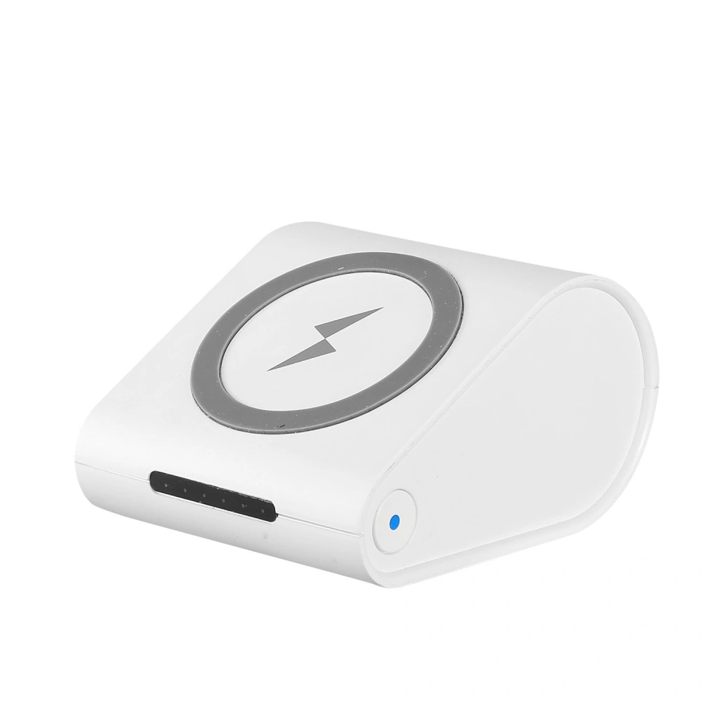Compact white wireless charger with a circular design featuring a lightning bolt symbol, ideal for fast charging smartphones and devices, showcasing a sleek, modern aesthetic.