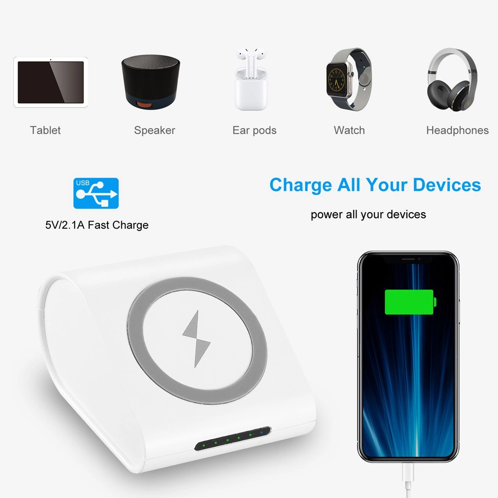 Wireless fast charger for multiple devices including smartphones, tablets, and accessories, featuring a sleek design and LED indicator.