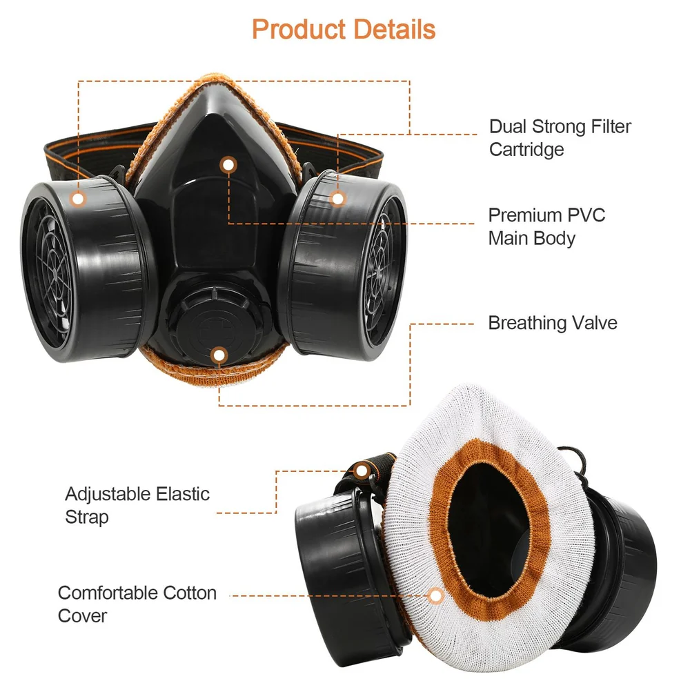 Dual filter safety mask with PVC body, adjustable strap, breathing valve, and cotton cover for comfort.