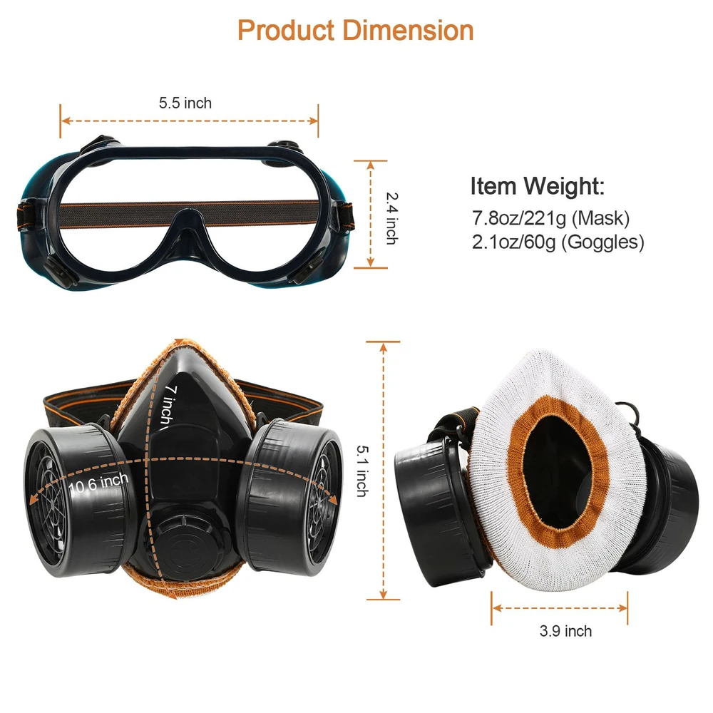 Detailed product dimensions and weight of safety goggles and mask for enhanced clarity and protection, including measurements in inches.
