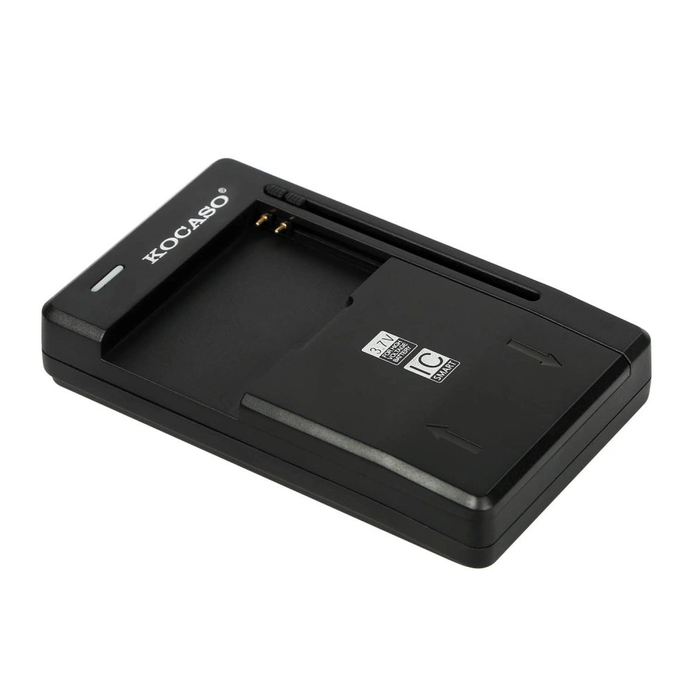 Kocaso portable battery charger for mobile devices, featuring a sleek black design with an easy-access slot and charging indicators.