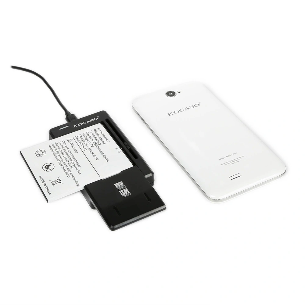 KOCASO smartphone battery charger with a charging battery and white smartphone, showcasing the charging process.
