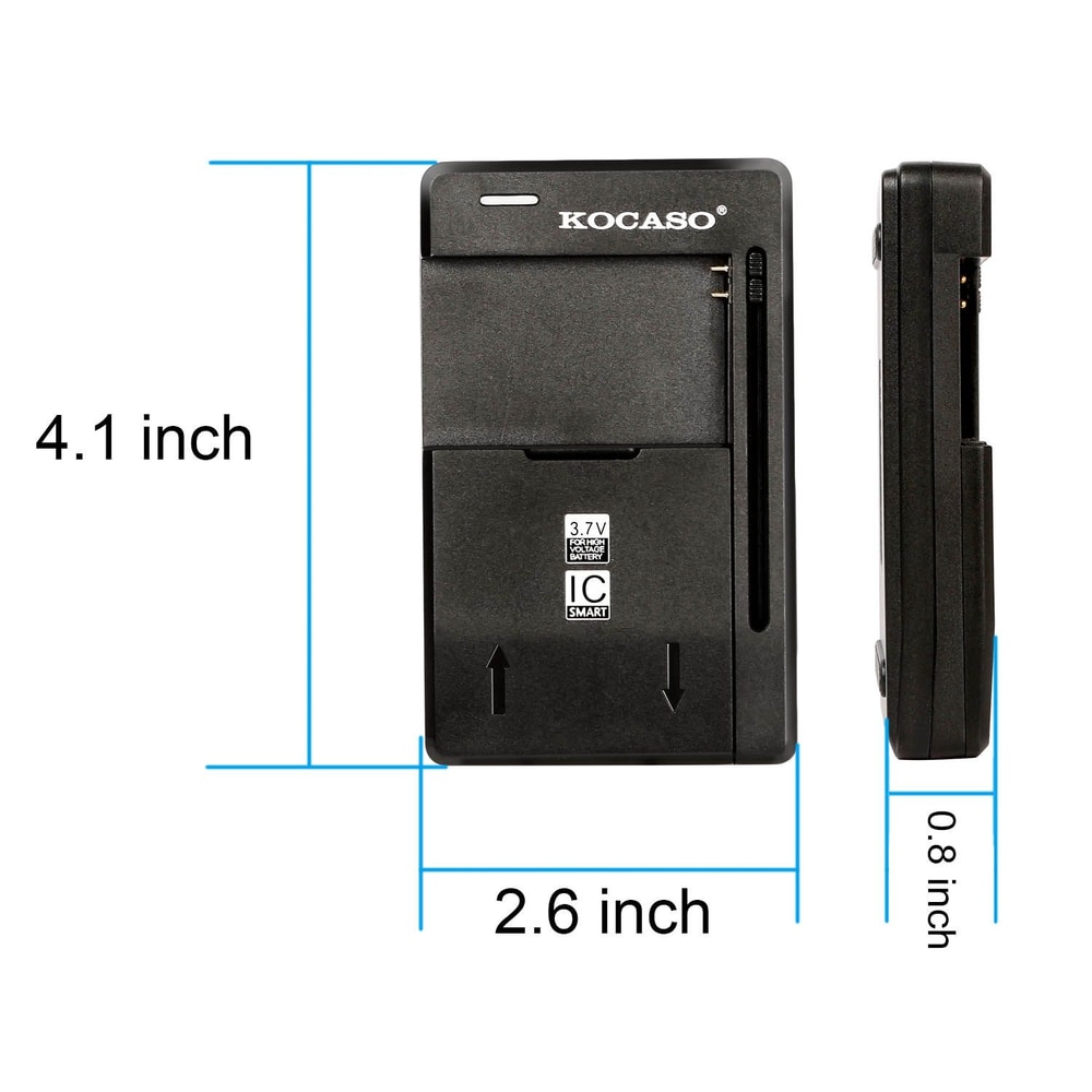 Kocaso compact battery charger measuring 4.1 x 2.6 x 0.8 inches, featuring smart charging technology and a sleek black design.
