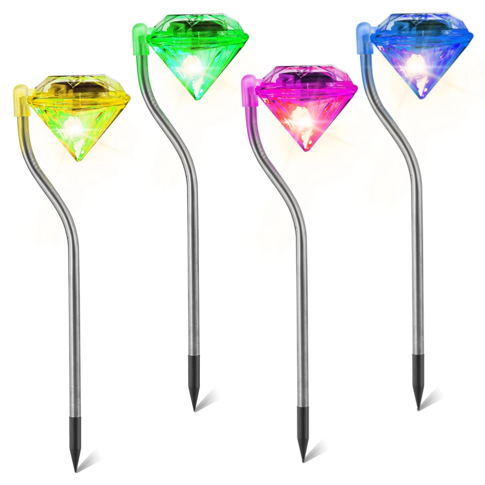 Colorful diamond-shaped solar garden lights in green, yellow, pink, and blue, featuring metal stakes for easy installation, designed to enhance outdoor decor with vibrant illumination.