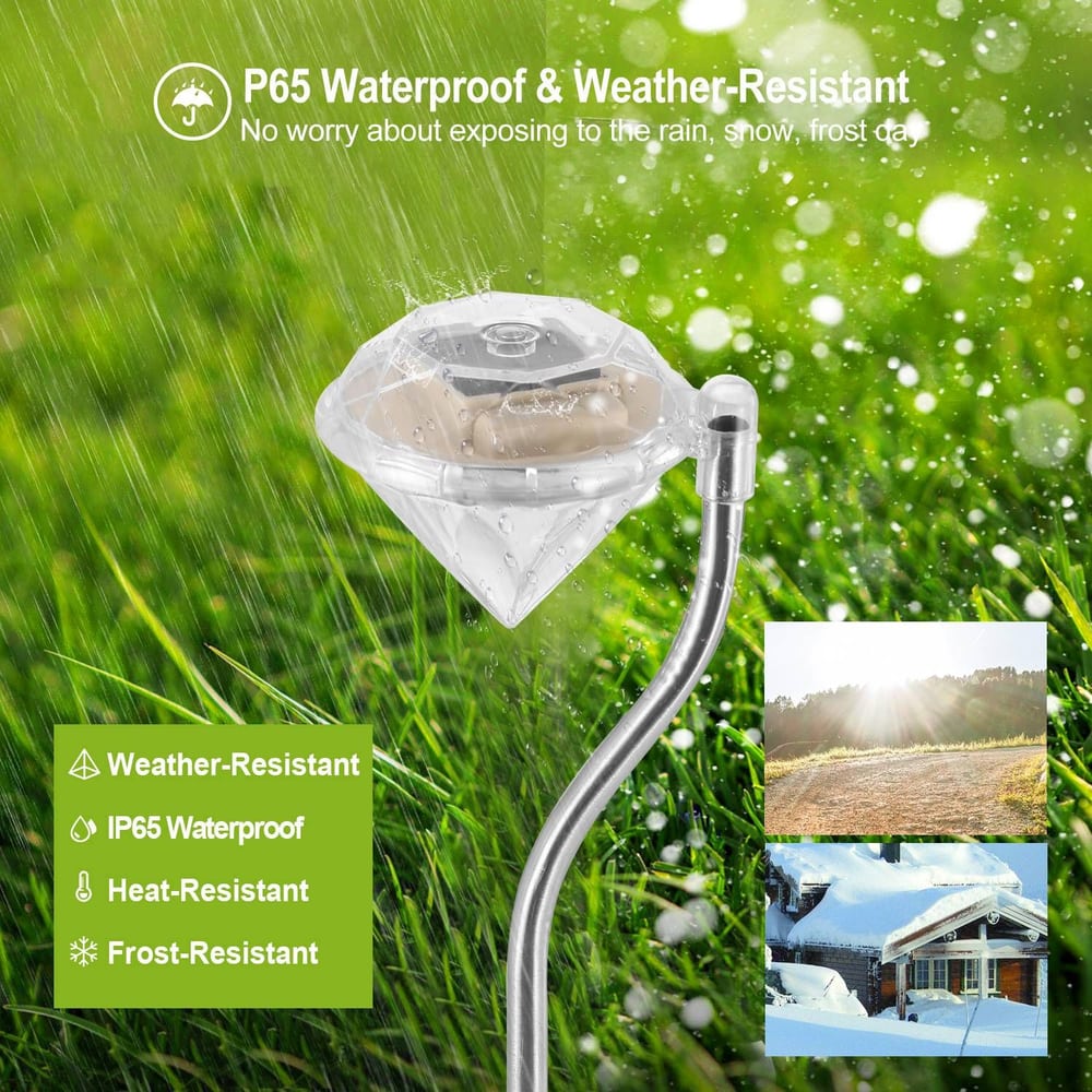 Waterproof and weather-resistant solar light featuring a sleek diamond shape, designed to withstand rain, snow, and frost, perfect for outdoor use.