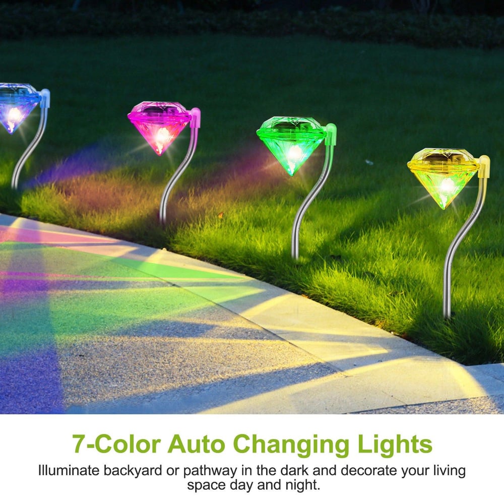 Colorful 7-color auto-changing outdoor lights shaped like diamonds, illuminating a garden pathway at night.