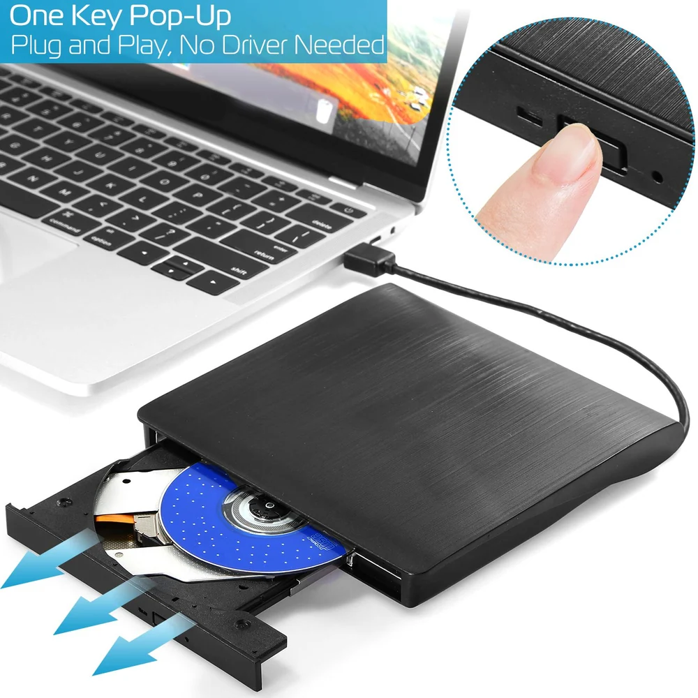 External DVD drive with one key pop-up feature, plugged into a laptop, displaying a blue disc inside, emphasizing easy plug-and-play functionality without the need for drivers.