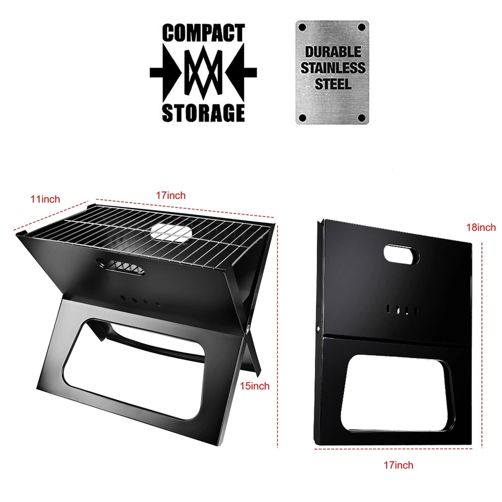 Portable stainless steel folding grill with compact storage design, featuring a black finish and dimensions of 17 inches wide, 11 inches deep, and 15 inches high for outdoor cooking.