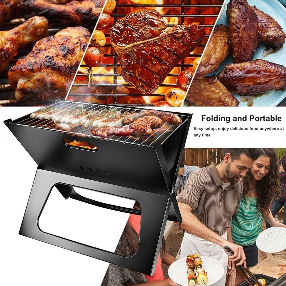 Portable folding grill with delicious grilled meats, ideal for outdoor cooking and gatherings.