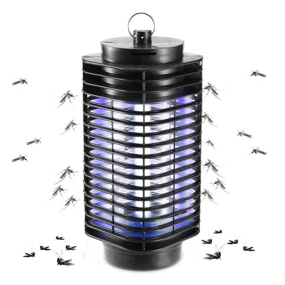 UV insect trap lamp attracting mosquitoes with a purple light, featuring a sleek black design.