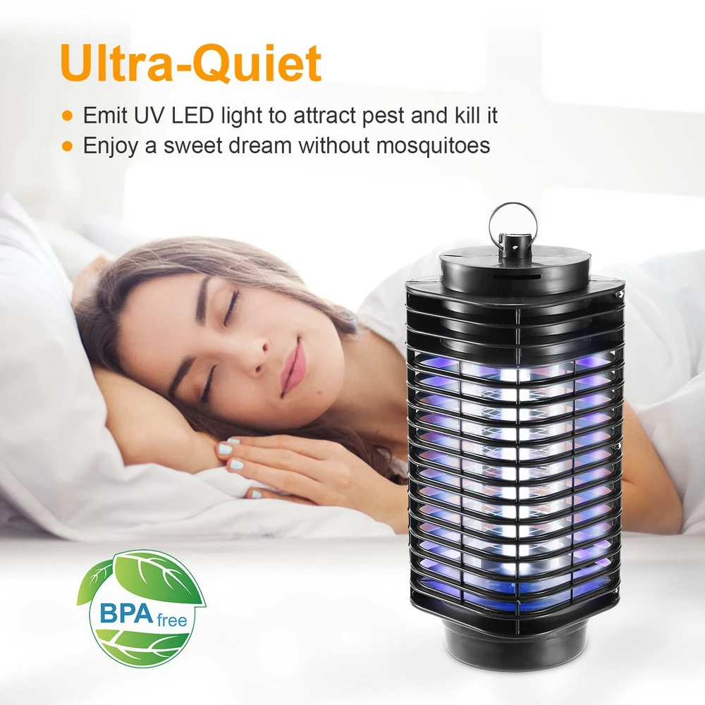 UV LED mosquito zapper lamp in a cozy bedroom, promoting ultra-quiet pest control for peaceful sleep, with a BPA-free label.
