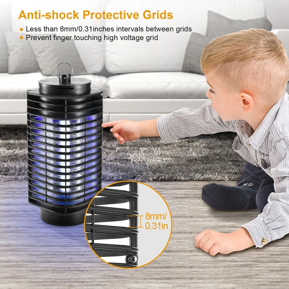 Anti-shock protective grid insect zapper with less than 8mm intervals, designed to prevent accidental finger contact with high-voltage grid, ideal for home safety.