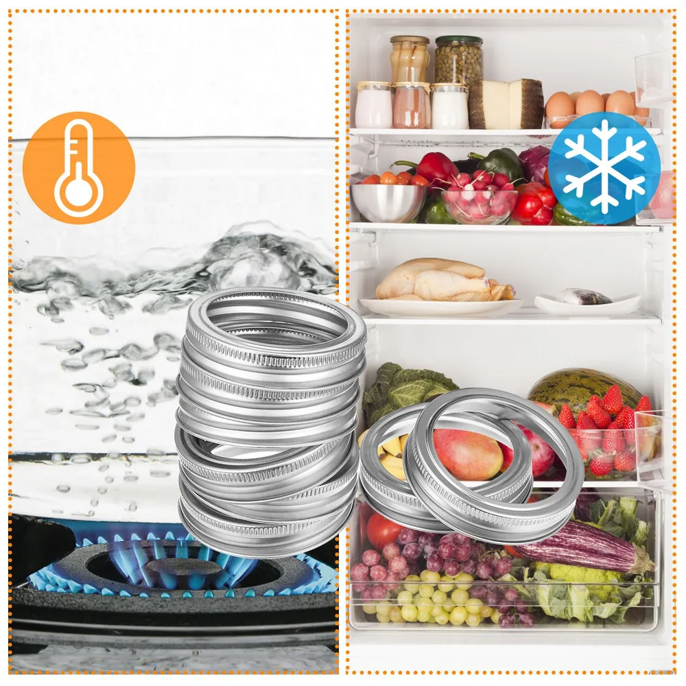 Collapsible stainless steel canning jar lids on a kitchen counter alongside fresh fruits, vegetables, and other food items organized in a refrigerator, emphasizing food preservation and storage solutions.
