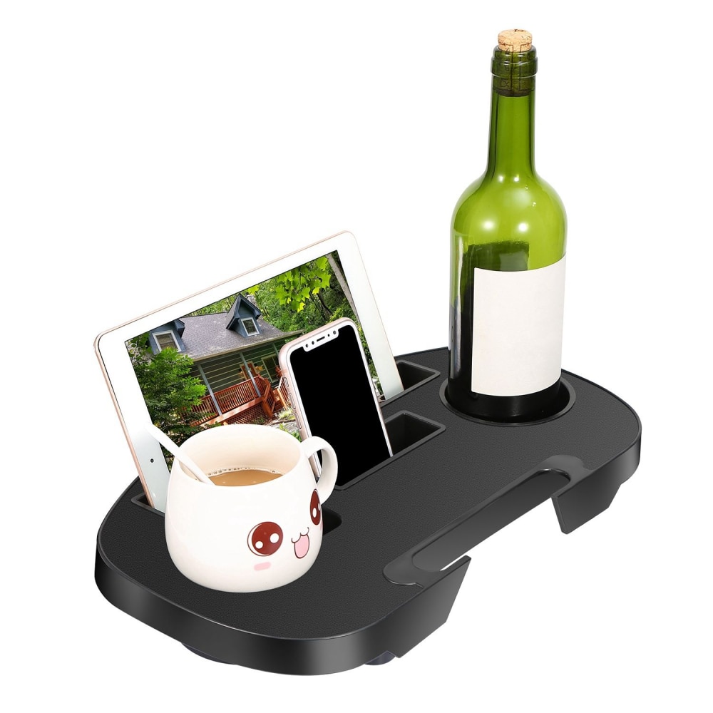 Multi-functional desk organizer featuring a cute cup, a smartphone, a tablet, and a wine bottle holder, ideal for home or office use.