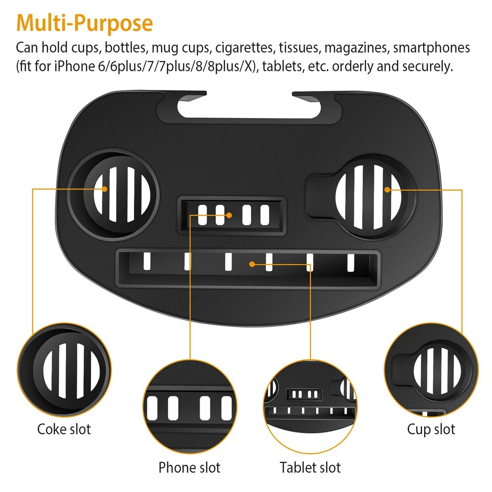 Multi-purpose car organizer dashboard accessory with slots for cups, phones, tablets, and other items, designed for secure and orderly storage.