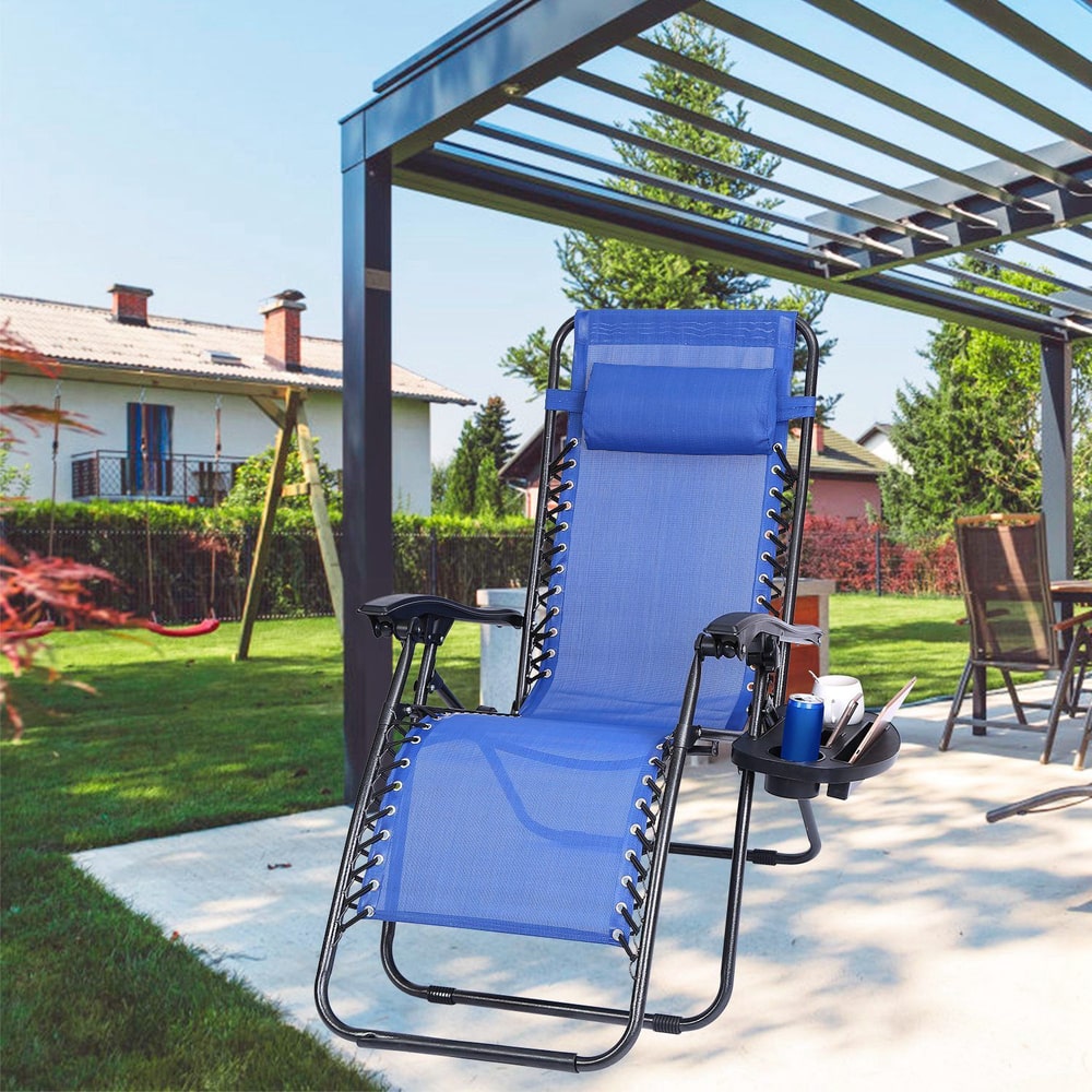 Comfortable blue reclining lounge chair with cup holder, set in a sunny backyard under a modern pergola, perfect for outdoor relaxation.