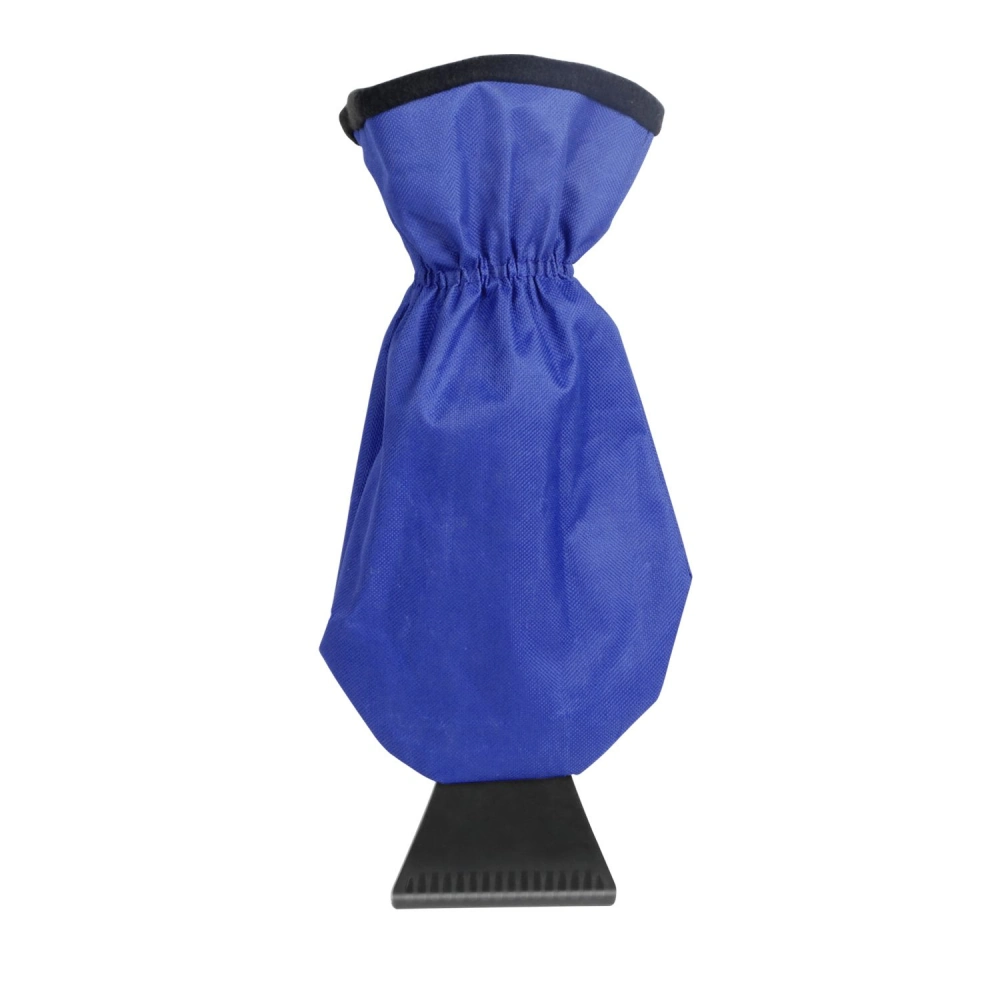 Blue waterproof ice scraper mitt with elastic opening and sturdy grip base for winter car maintenance.