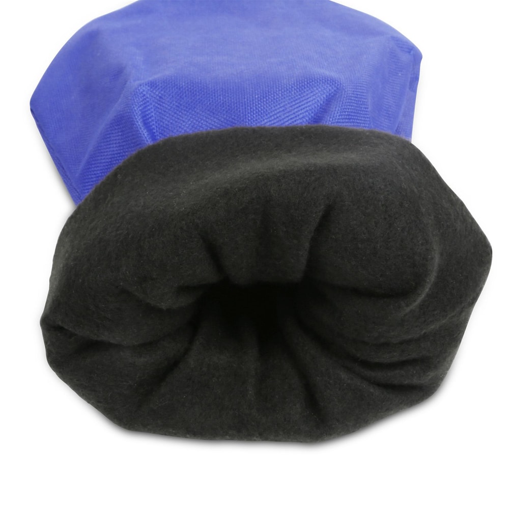 Close-up of a blue waterproof storage bag with a black fleece-lined opening, ideal for keeping contents safe and warm during outdoor activities.