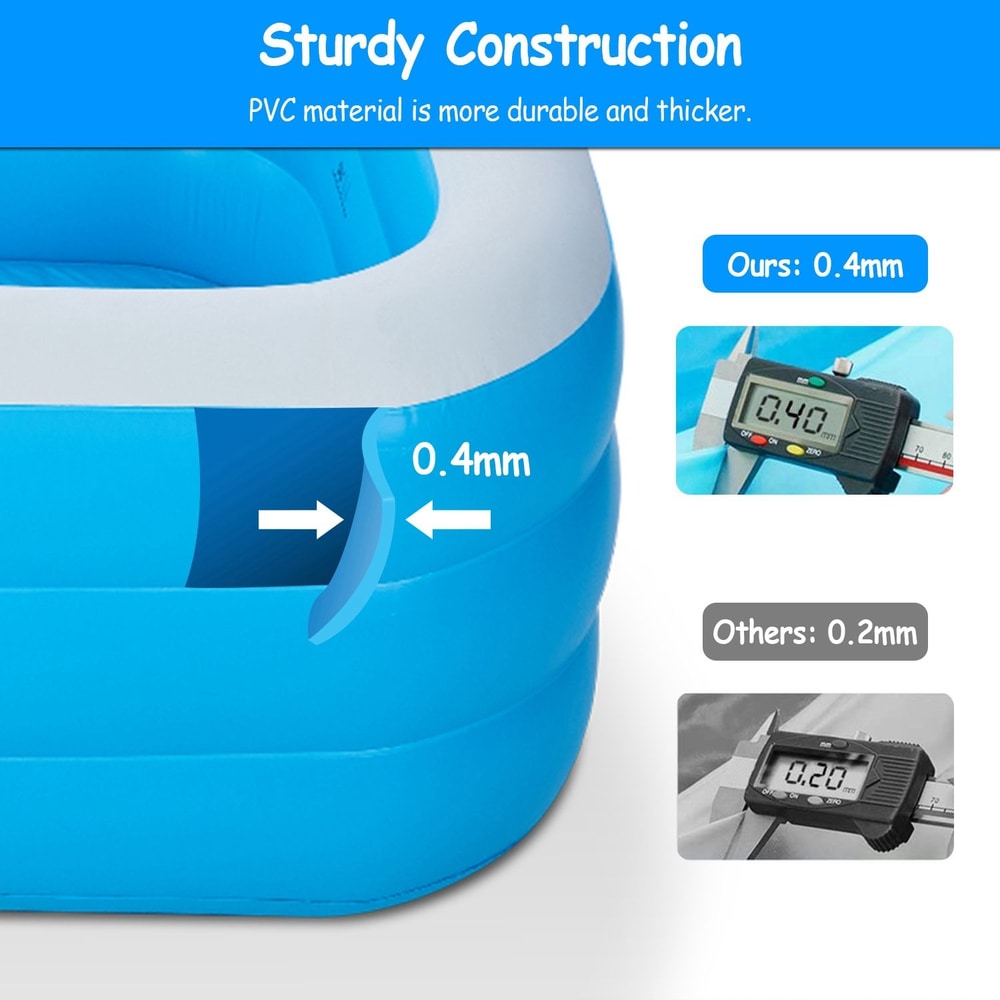 Durable inflatable pool construction made of 0.4mm thick PVC material, highlighted with a comparison to standard 0.2mm thickness for enhanced strength and longevity.