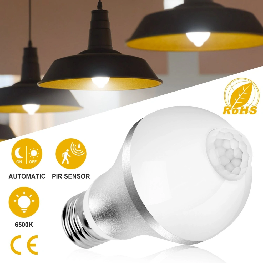 LED light bulb with PIR sensor and automatic on/off functionality, emits 6500K cool white light, showcased alongside stylish pendant lights with a modern design.