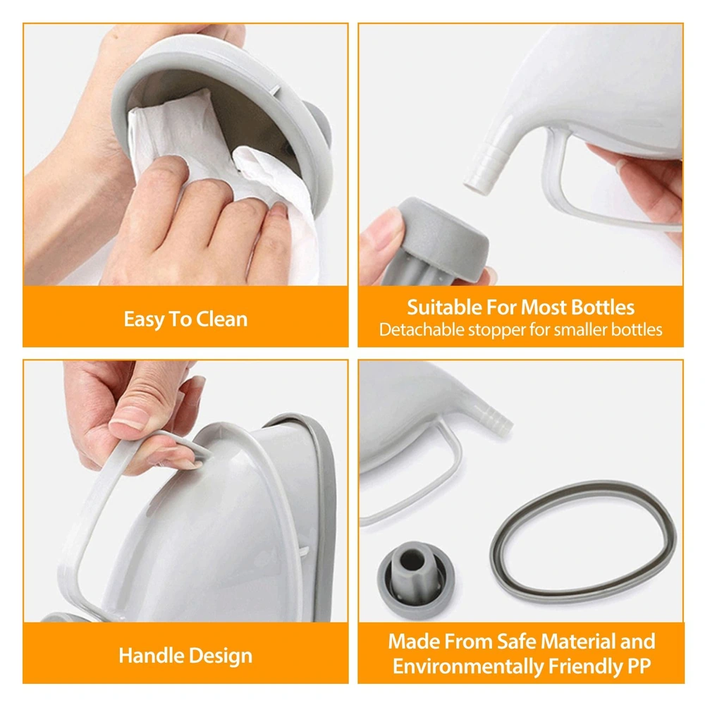 Hand holding a gray funnel featuring a detachable stopper, designed for easy cleaning and compatibility with most bottles, showcasing its ergonomic handle and environmentally friendly PP material.