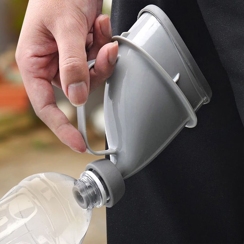 Person using a gray funnel to transfer liquid from a plastic bottle, showcasing a hands-free design for easy pouring.