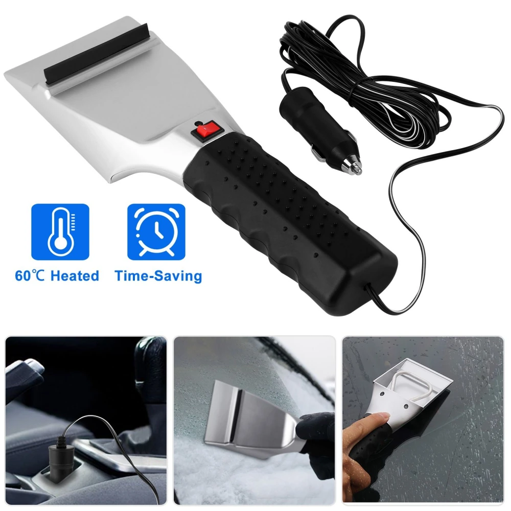 Heated ice scraper with ergonomic handle, designed to melt ice at 60°C for quick winter vehicle preparation; features a car charger for easy use on the go.