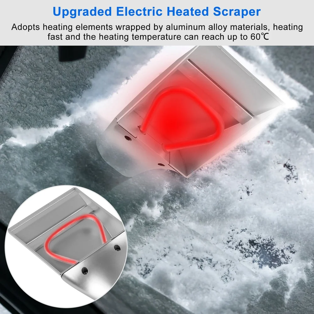 Electric heated scraper with a red heating element designed for fast snow and ice removal, featuring aluminum alloy construction and a maximum temperature of 60°C.