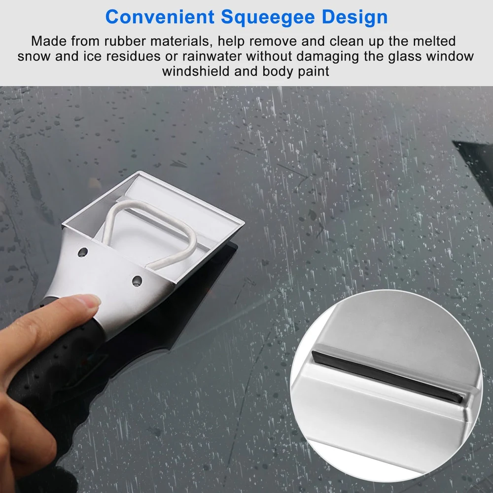 Convenient rubber squeegee for removing snow, ice, and rain from car windshields without damaging the glass or paint.