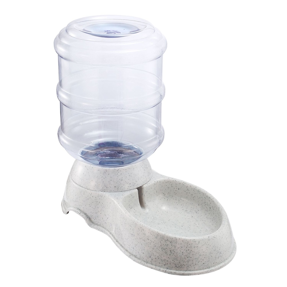 Pet water dispenser with a transparent reservoir and speckled base designed for easy hydration of dogs and cats.