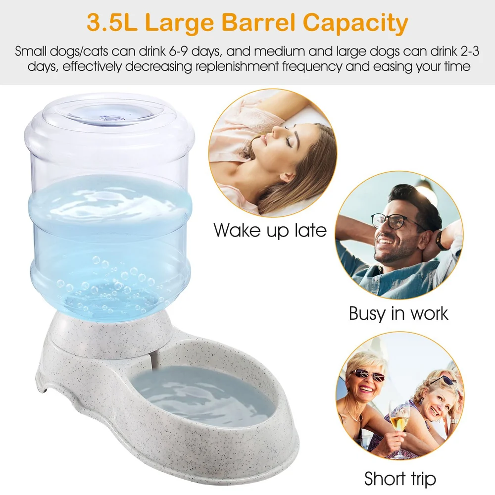 Pet water dispenser with 3.5L capacity, designed for small to large dogs and cats, ensuring continuous hydration with less frequent refills, shown with water, easy-to-use base, and lifestyle context images for busy pet owners.