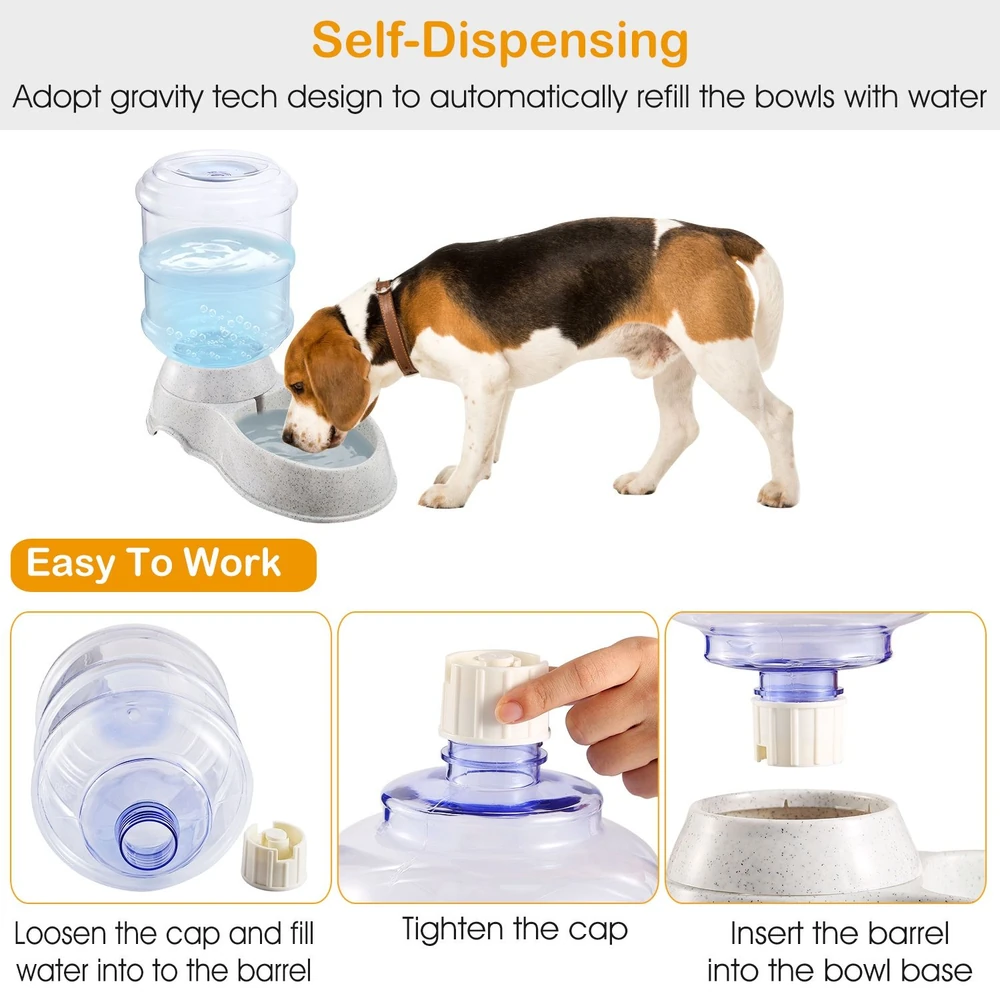 Self-dispensing pet water bowl with a beagle drinking, featuring a gravity-fed design for automatic water refilling and easy assembly instructions.