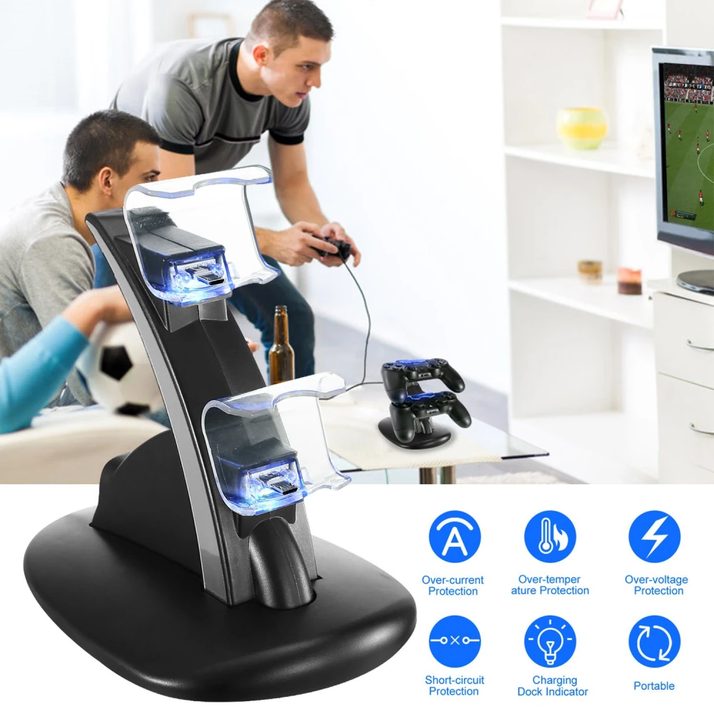 Dual controller charging dock with LED indicator, featuring over-current, over-temperature, over-voltage, and short-circuit protection, positioned in a stylish living room with gamers playing video games in the background.