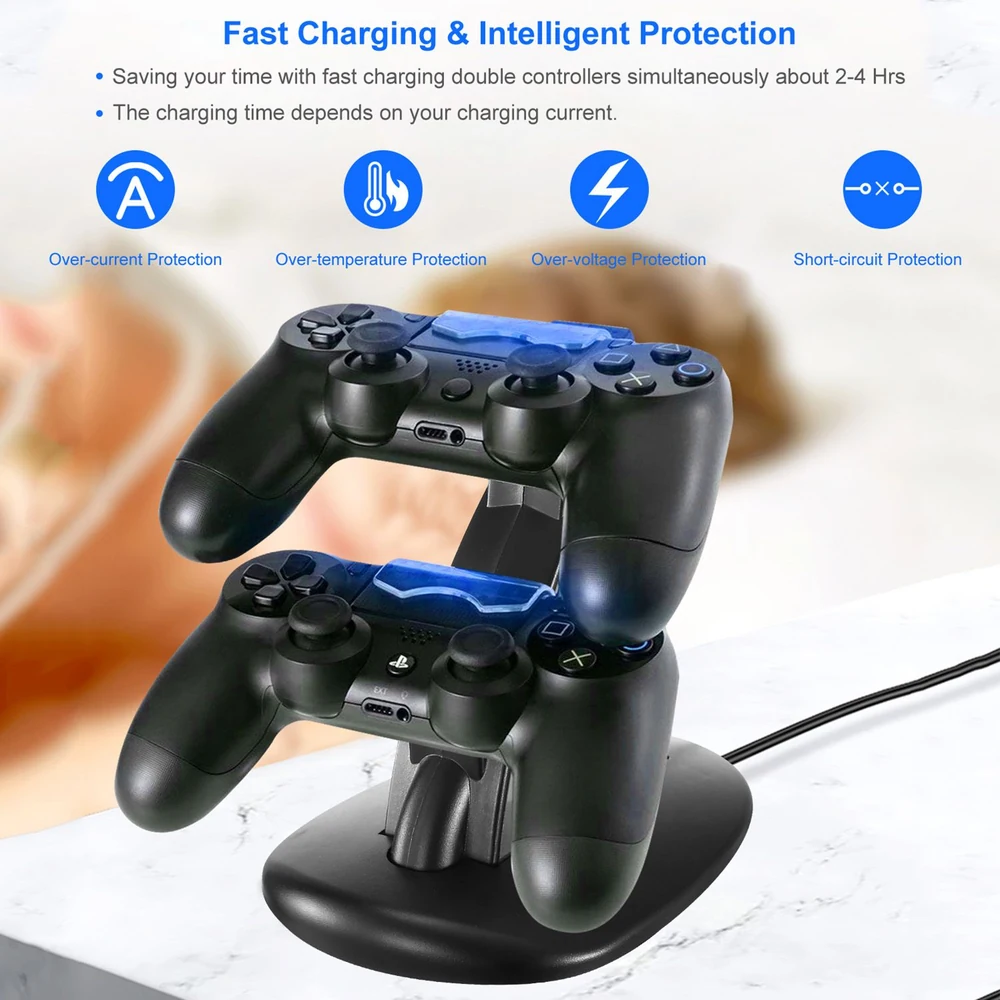 Dual controller charging station for PlayStation with fast charging, over-current protection, over-temperature protection, and short-circuit protection, displayed on a marble surface.