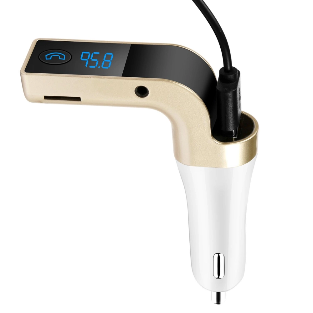 Car Bluetooth FM transmitter with USB port, LED display, and gold and white design, showing frequency 95.8 for seamless music streaming and hands-free calling.