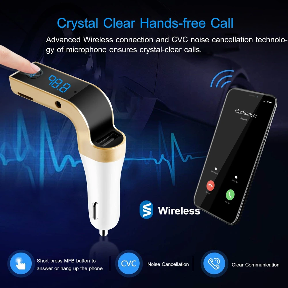 Hands-free Bluetooth car charger with LED display, CVC noise cancellation, and wireless technology for crystal-clear phone calls.