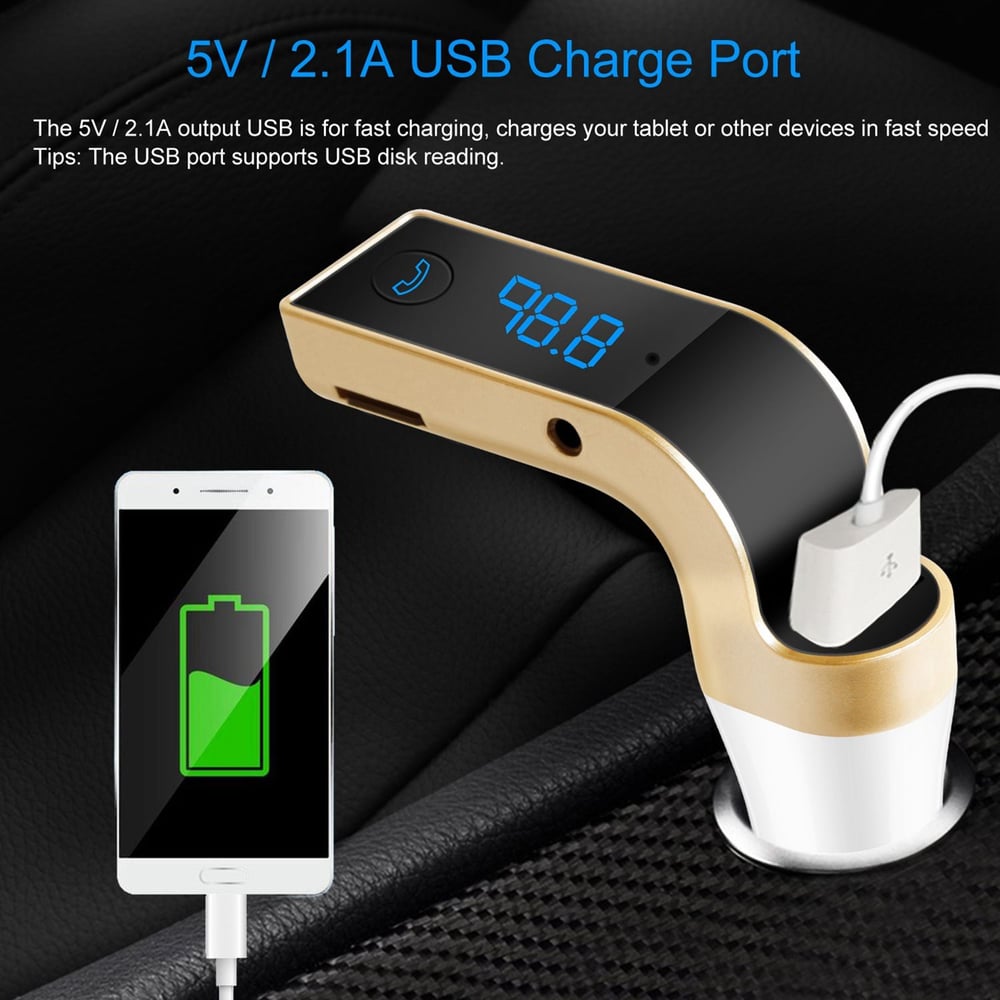 USB car charger with a digital display, fast charging capability for smartphones and tablets, featuring a sleek gold and black design, plugged into a vehicle's power socket.
