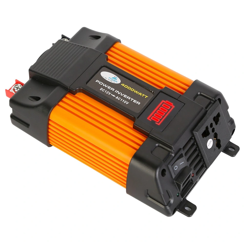 9000 watt power inverter with orange aluminum casing, designed to convert 12V DC to 110V AC, featuring a digital display and multiple output ports for versatile connectivity.