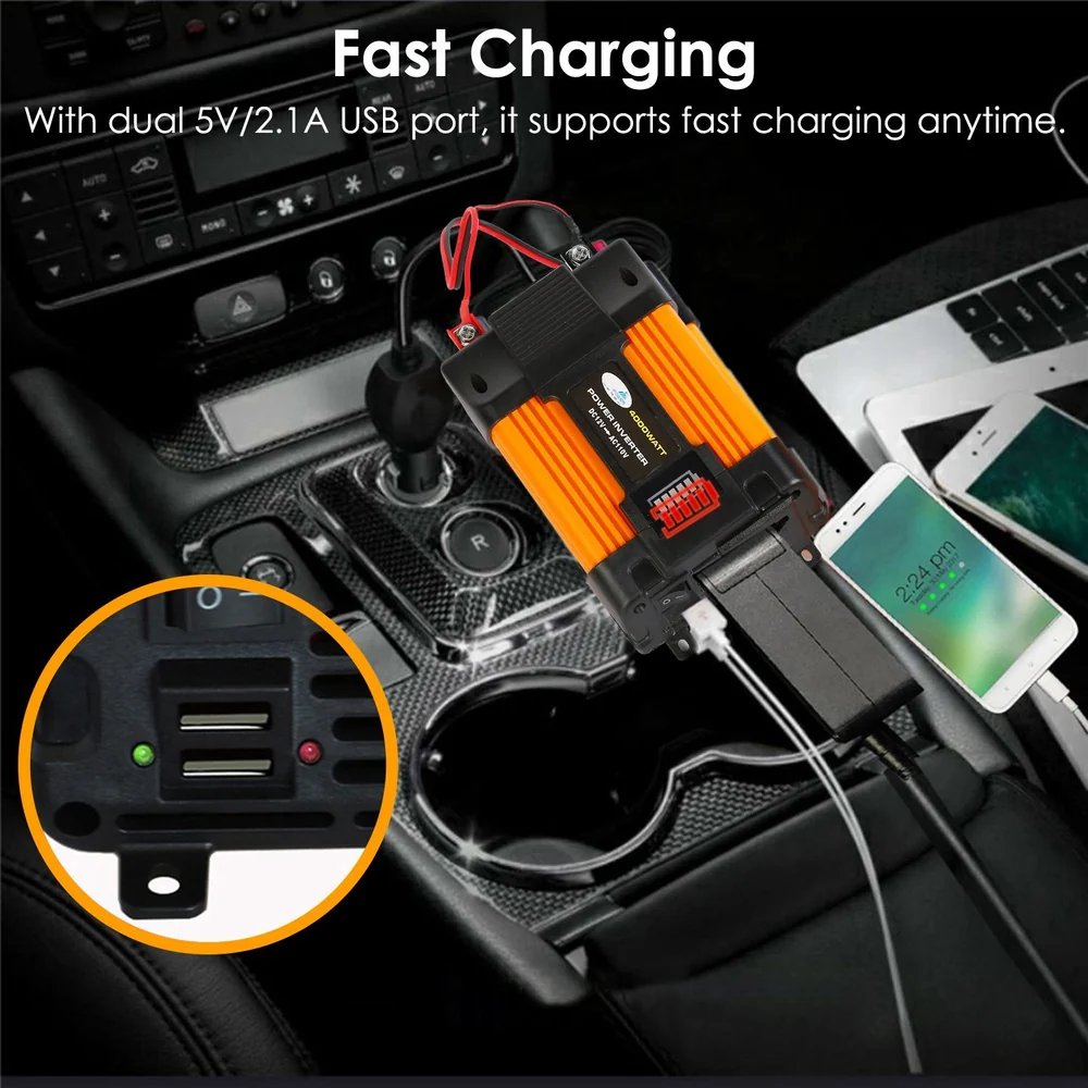 Fast charging car adapter with dual 5V/2.1A USB ports, plugged into a vehicle's console, charging a smartphone.