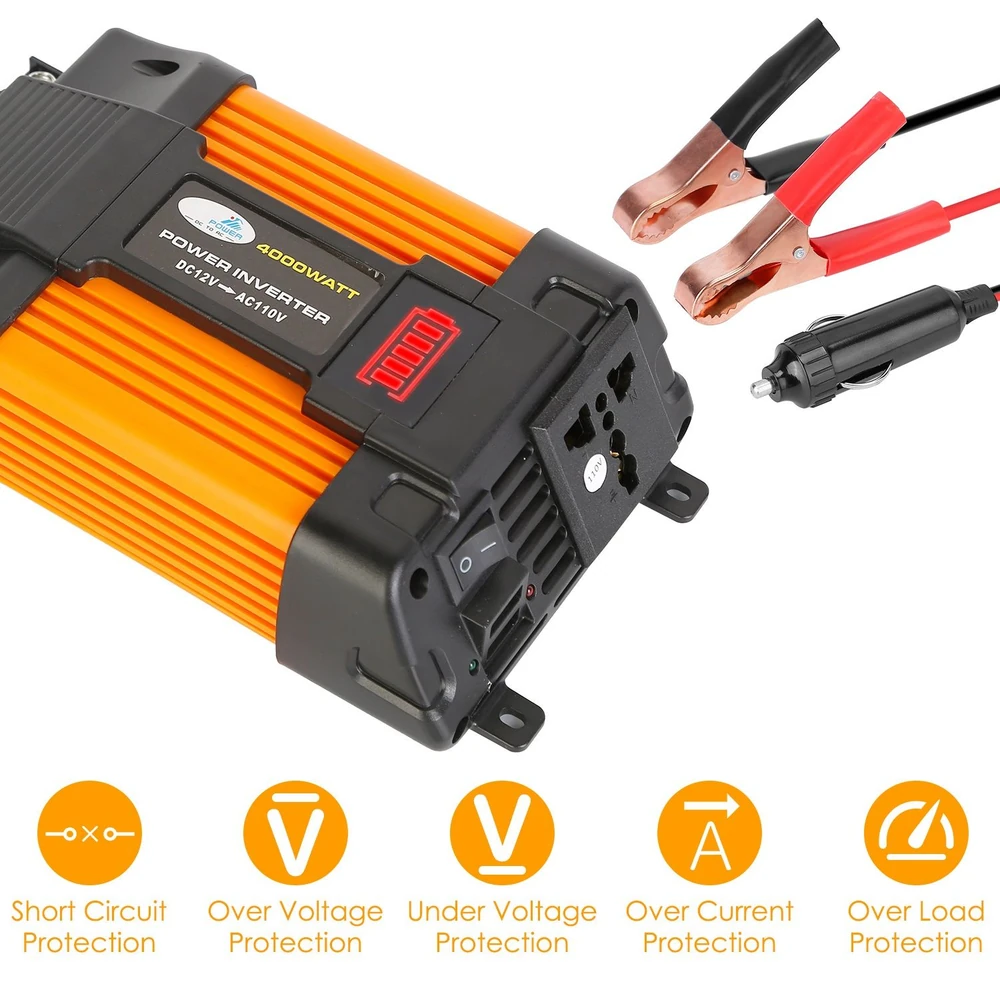 DC to AC power inverter, 400 watt with orange aluminum casing, LED display, dual AC outlets, and clips for easy connection, featuring protection against short circuits, over voltage, under voltage, over current, and over load.