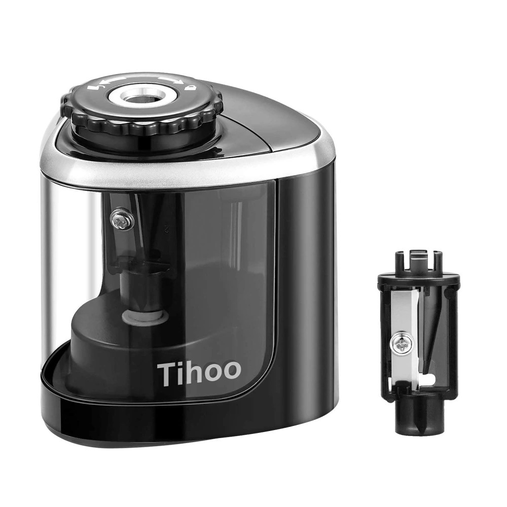 Tihoo electric pencil sharpener with a sleek black design, transparent casing, and included spare blade for precision sharpening.
