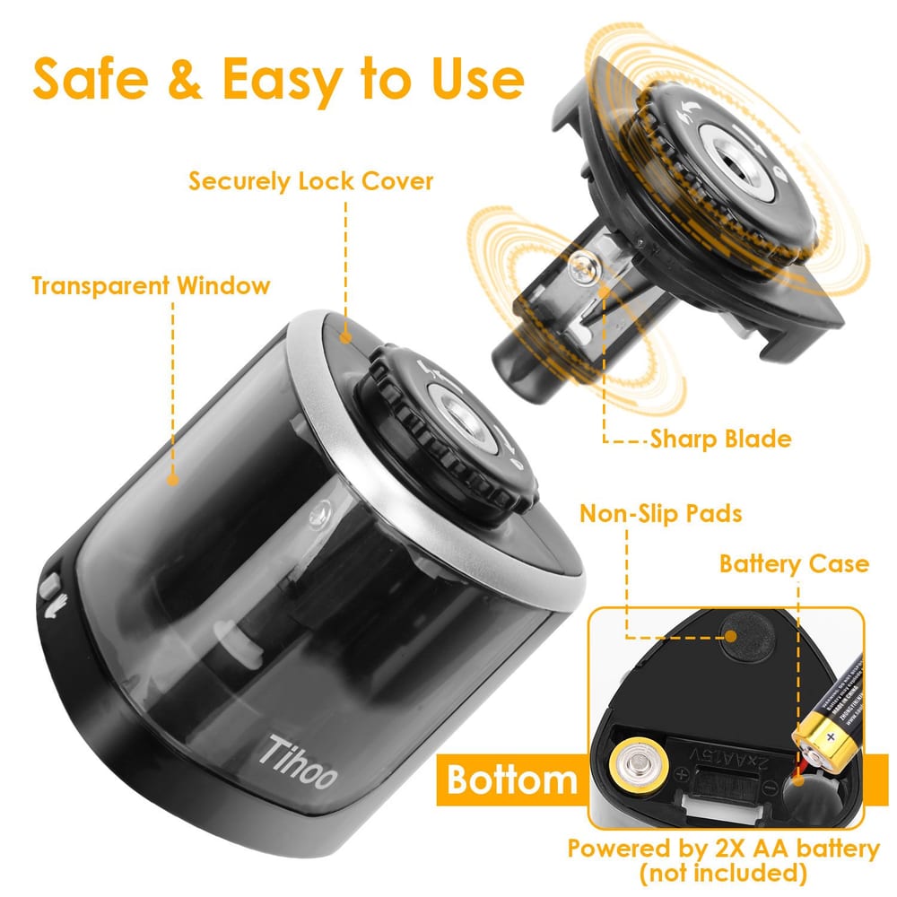 Electric sharpener with transparent window, secure cover, and battery compartment, featuring non-slip pads for safety and easy use.