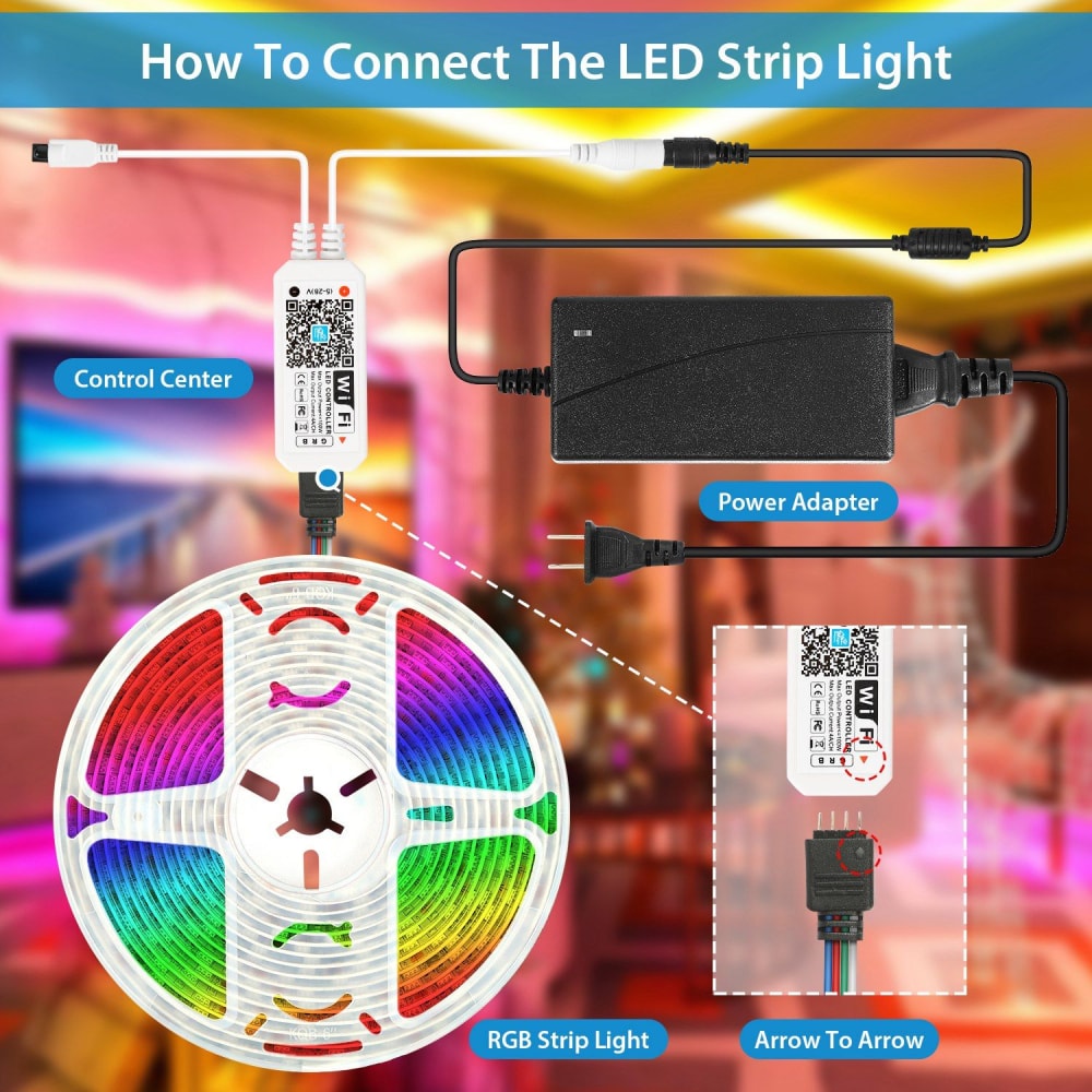 Diagram showing how to connect LED strip lights, featuring a colorful RGB strip light, control center with WiFi capability, and power adapter, set against a vibrant background.