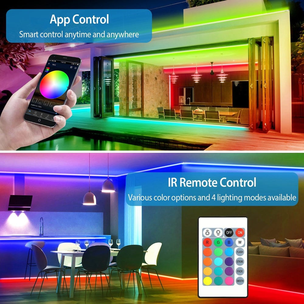 Smart LED light strip with app and IR remote control, showcasing customizable colors and lighting modes in a modern indoor and outdoor setting.