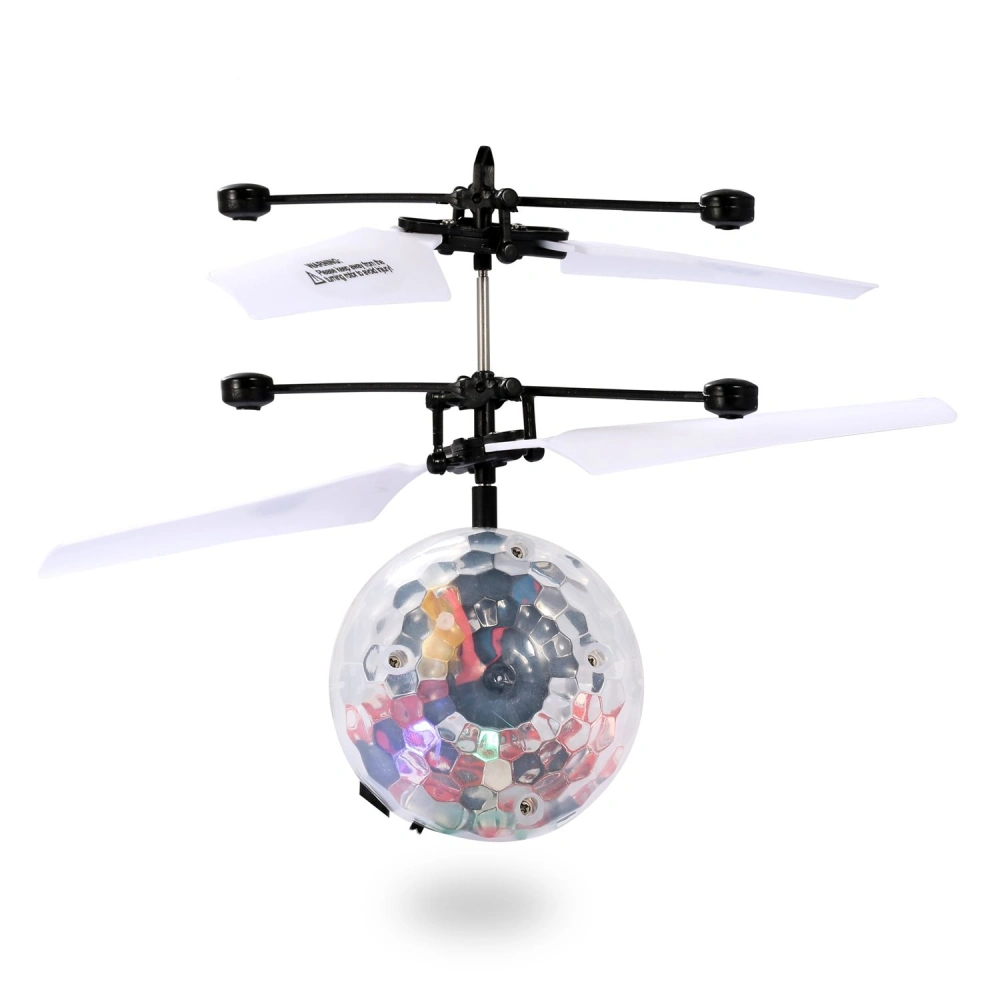 Mini disco drone with a crystal ball design, multi-colored lights, and dual propellers, perfect for indoor entertainment and fun.