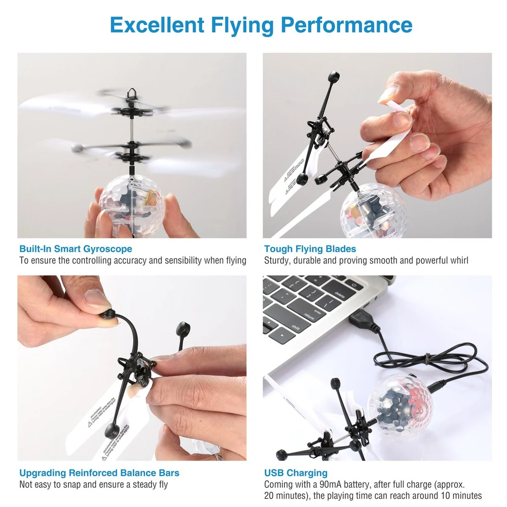 Mini flying helicopter with built-in gyro, tough flying blades, reinforced balance bars, and USB charging for enhanced flying performance.