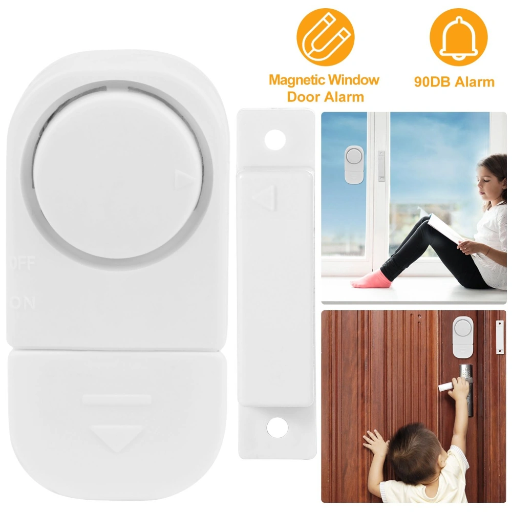 Magnetic window and door alarm with a 90dB alarm, featuring an on/off switch and installation guide, displayed alongside a child interacting with the product near a door and a woman sitting by a window.
