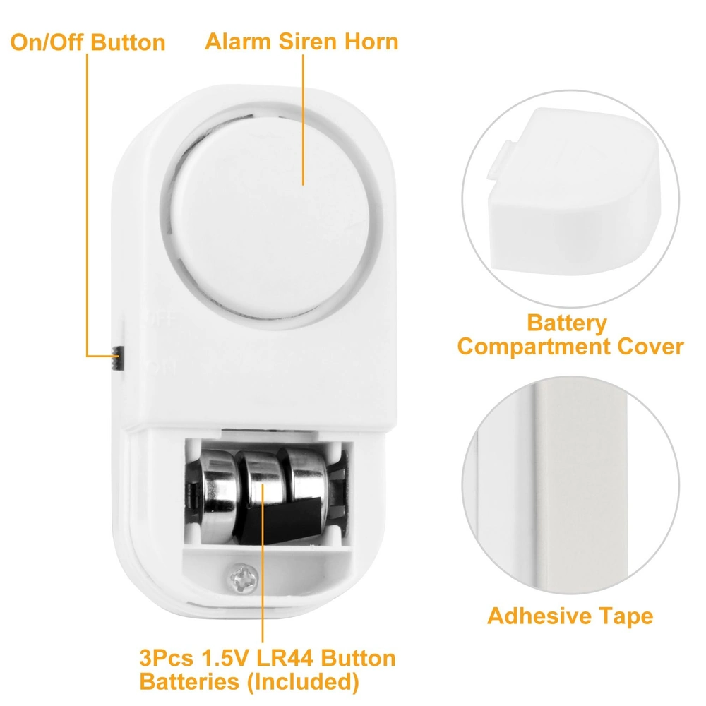 White portable alarm siren with on/off button, battery compartment for 3 included LR44 batteries, and adhesive tape for easy mounting.