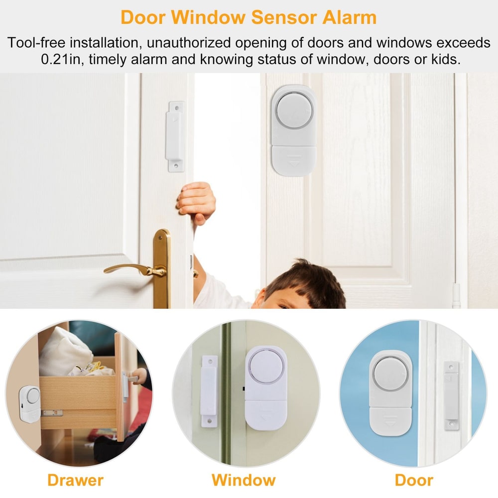 Door Window Sensor Alarm, featuring tool-free installation and security features for unauthorized openings of doors and windows, displayed on various surfaces including a drawer, window, and door.