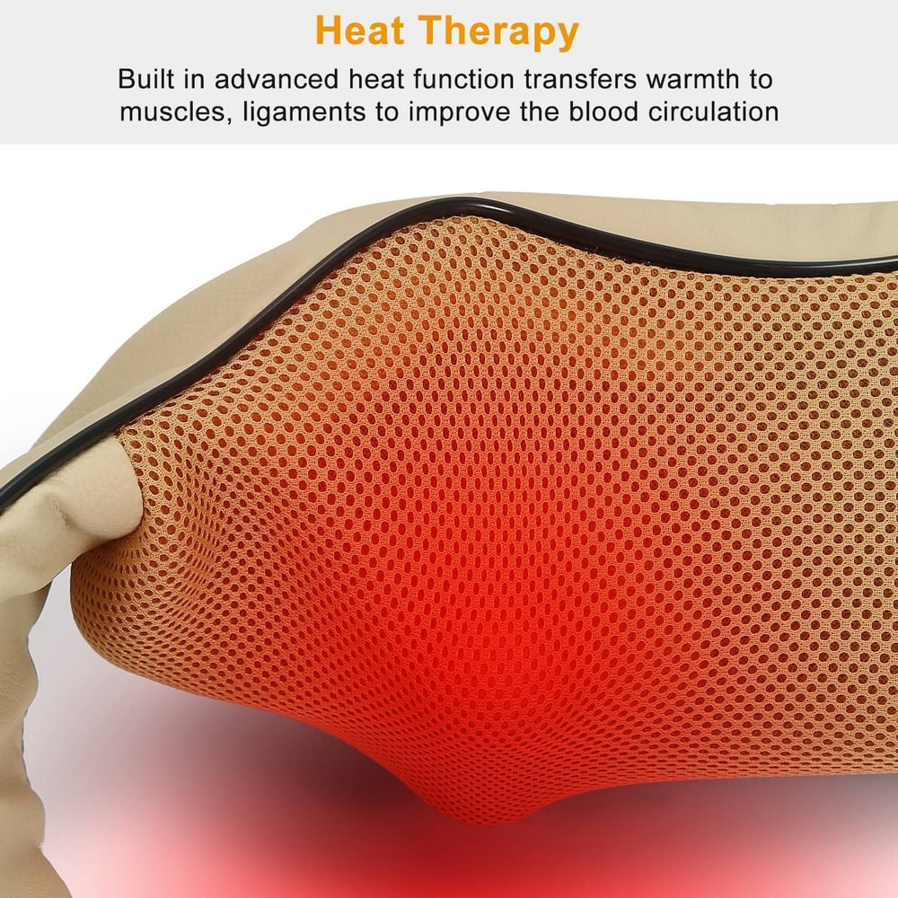 Advanced heat therapy cushion designed to improve blood circulation with a focus on muscle and ligament comfort, featuring a textured mesh surface and soothing warmth.